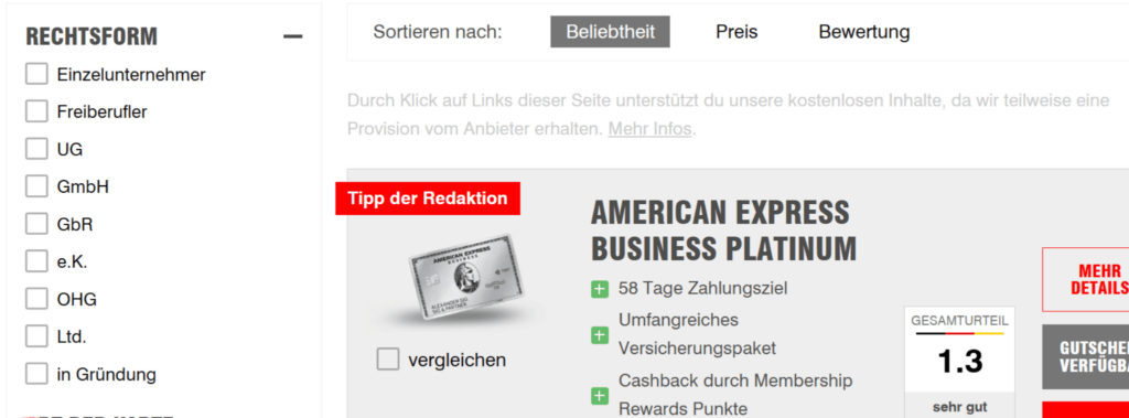 Firmenkreditkarten Vergleich